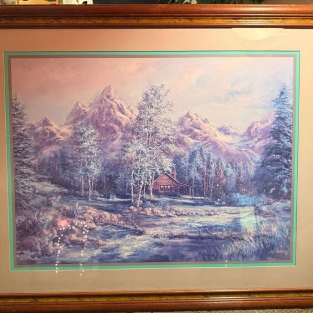 Lee K. Parkinson Framed Winter Mountain Landscape Print with Log Cabin